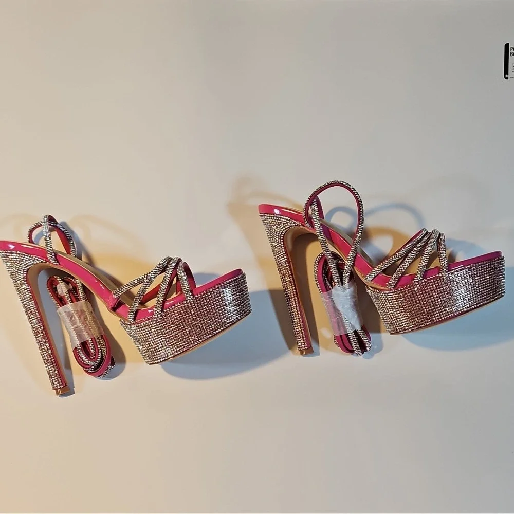 Cathy Jean Hot Pink Synthetic Rhinestone Strappy Platform Heel Open Toe Buckle 8